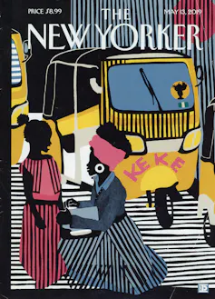 An illustrated cover of The New Yorker, showing a black woman kneeling down talking to her daughter.