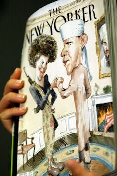 The New Yorker at 100: how daring, illustrated and wordless covers helped outline the enduring mag 3 A hand holding the New Yorker magazine showing a drawing of Michelle and Barak Obama.