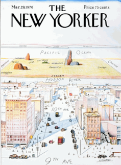 A cover from The New Yorker Magazine, showing New York, America, the Pacific and Japan.