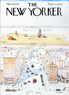 A cover from The New Yorker Magazine, showing New York, America, the Pacific and Japan.