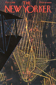 An early cover of the New Yorker showing an overhead view of the lights of Manhattan.