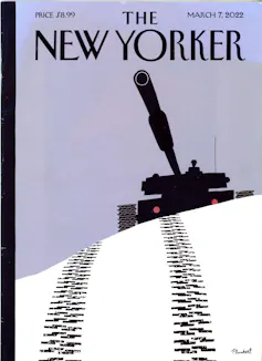 A New Yorker cover showing a tank and its tracks in the snow.
