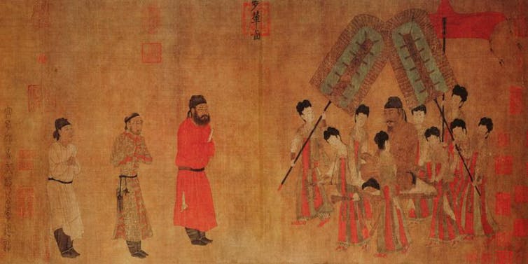 Ancient painting of Emperor Taizong receiving the Tibetan envoy.