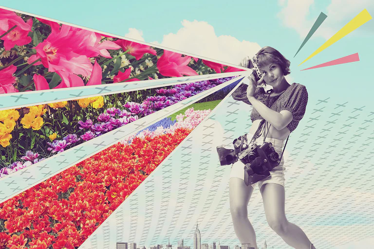 Ilustración de una chica que ve flores de colores a través del objetivo de una cámara