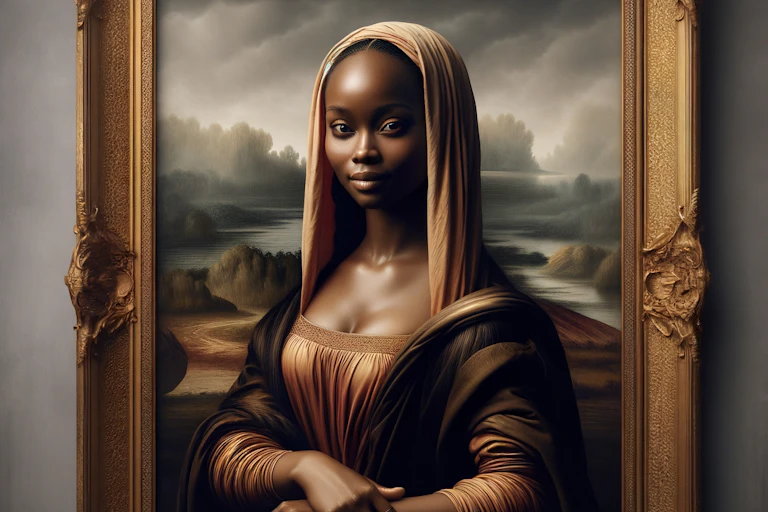 A black woman with a mysterious smile is the subject of an oil painting.