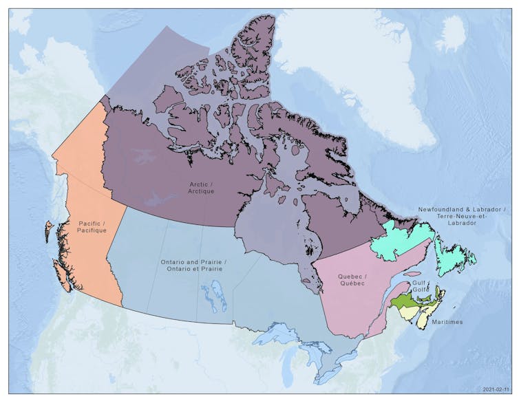 a map of Canada showing the country divided into seven regions: Arctic, Pacific, Ontario and Prairies, Québec, Newfoundland and Labrador, the Gulf and the Maritimes