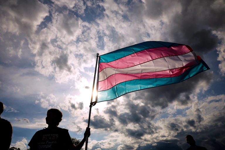 A person holds up a flag with horizontal stripes in light blue, pink and white underneath a cloudy sky with the sun shining through.