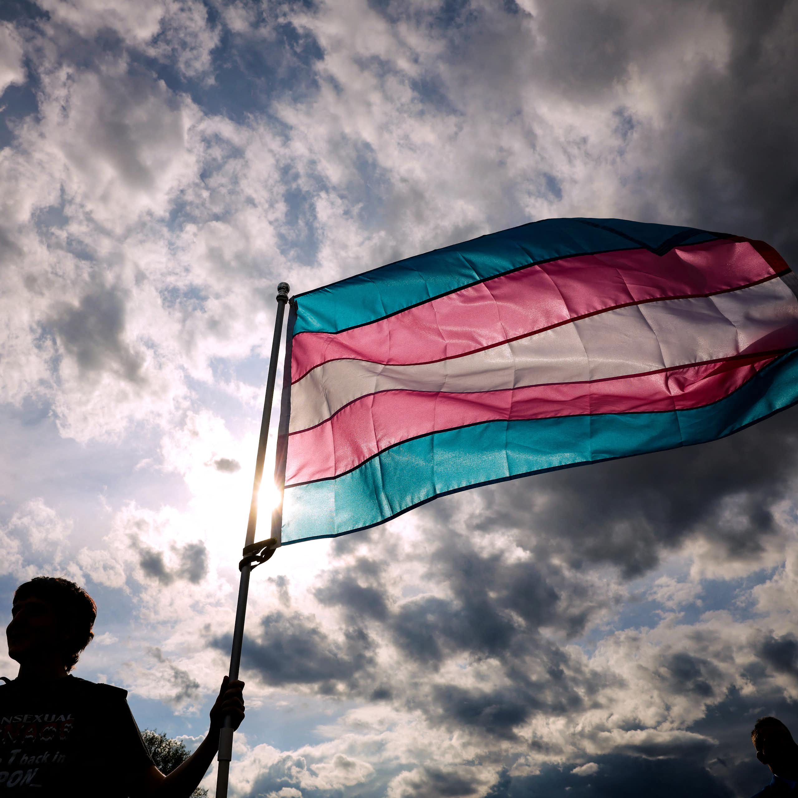 A person holds up a flag with horizontal stripes in light blue, pink and white underneath a cloudy sky with the sun shining through.