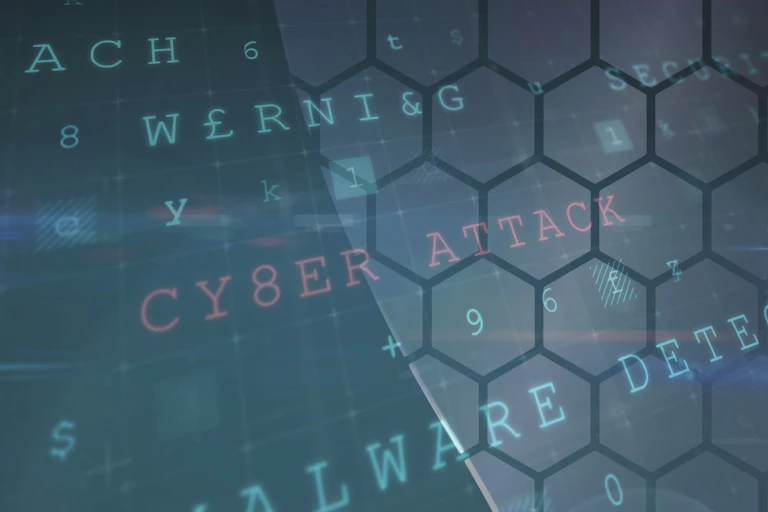 A honeycomb pattern is overlaid on a blue background with words such as "cyber attack" and "malware detected" on it.