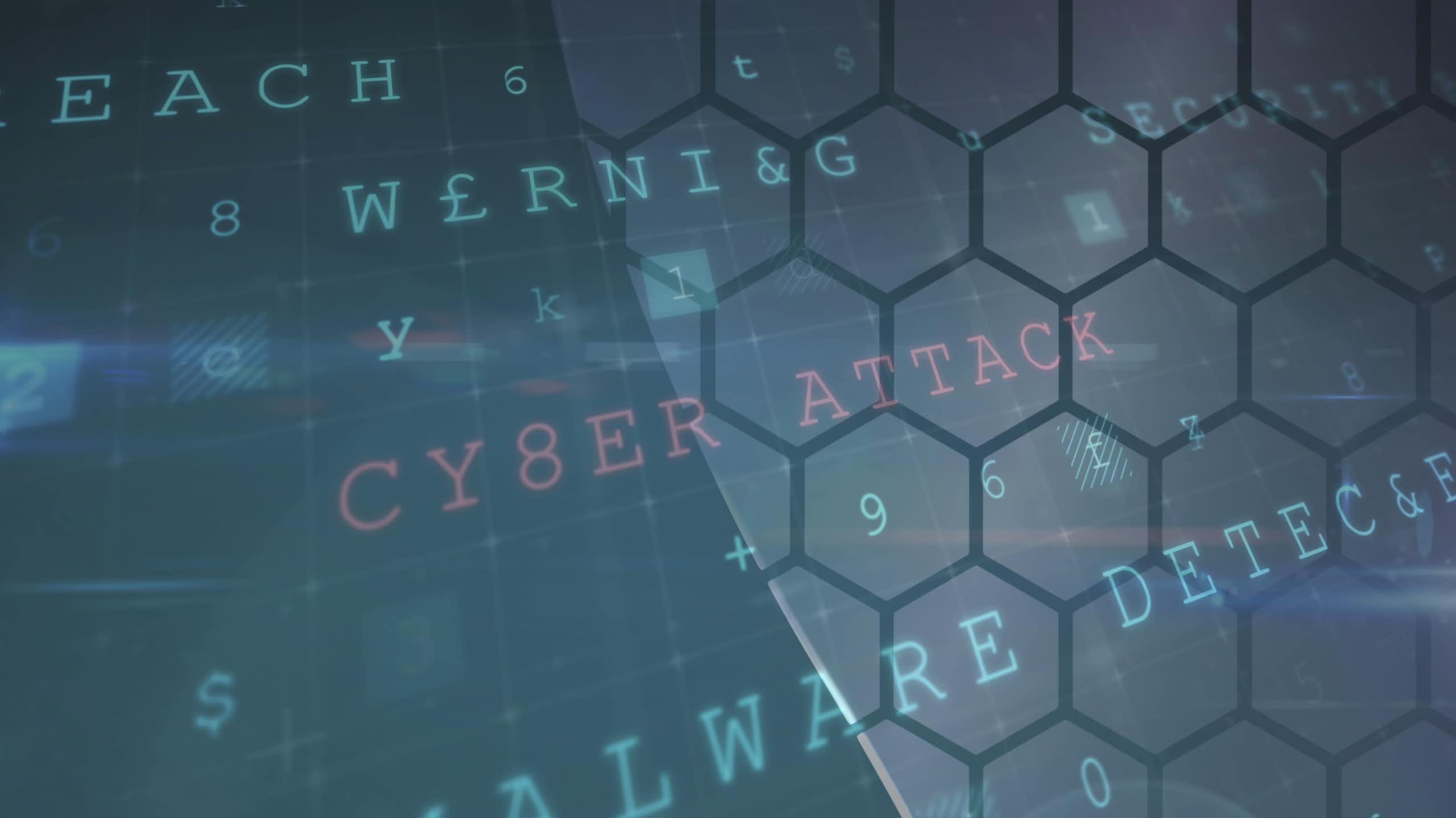 A honeycomb pattern is overlaid on a blue background with words such as "cyber attack" and "malware detected" on it.