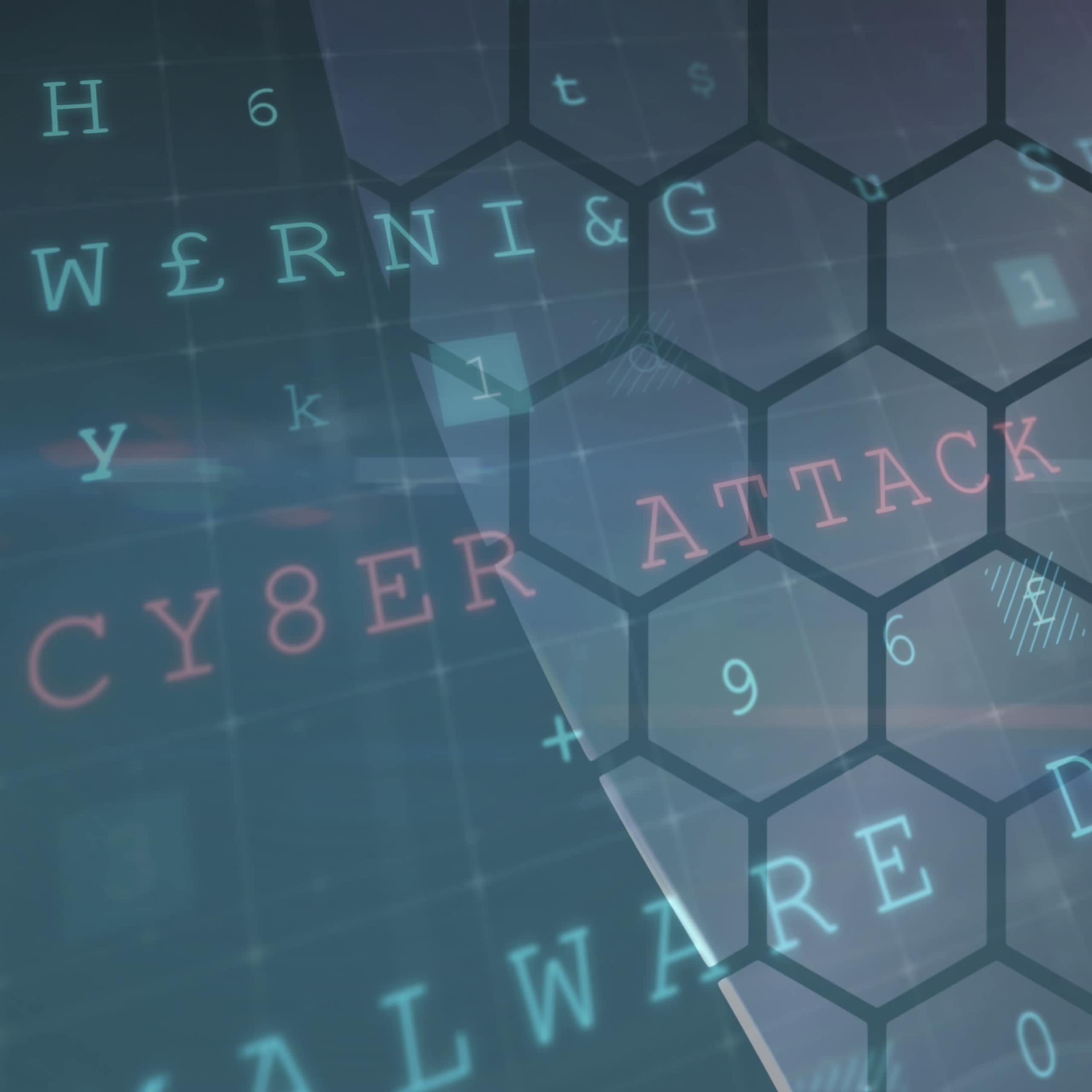 A honeycomb pattern is overlaid on a blue background with words such as "cyber attack" and "malware detected" on it.