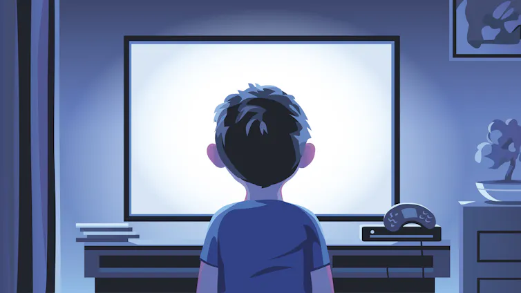 Illustration of a boy watching TV at night alone