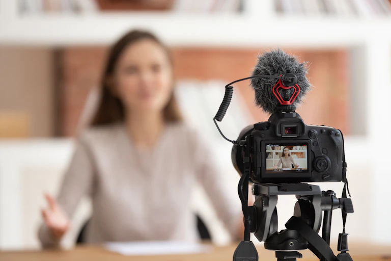 A camera films a young woman sitting at a desk, the woman is speaking directly to the camera but is out of focus