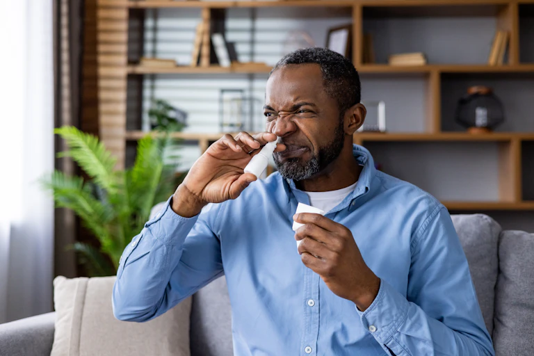 Man in blue shirt using nasal spray for relief from allergies or cold, sitting in a home setting.