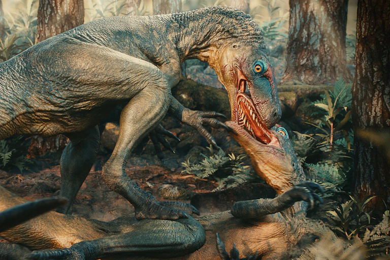 Ilustração mostra dois dinossauros brigando no meio de uma floresta