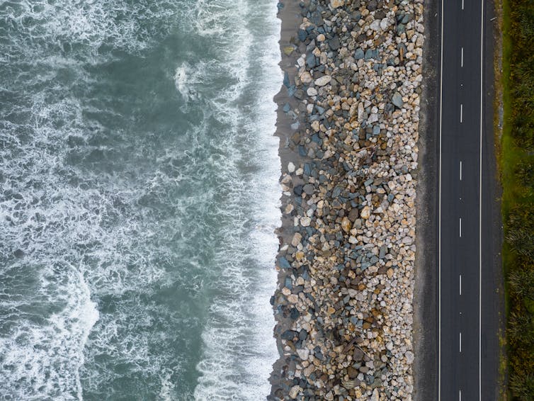 Aerial view of Bruce Bay beach and road between Haast and Fox glacier on the West Coast of New Zealand