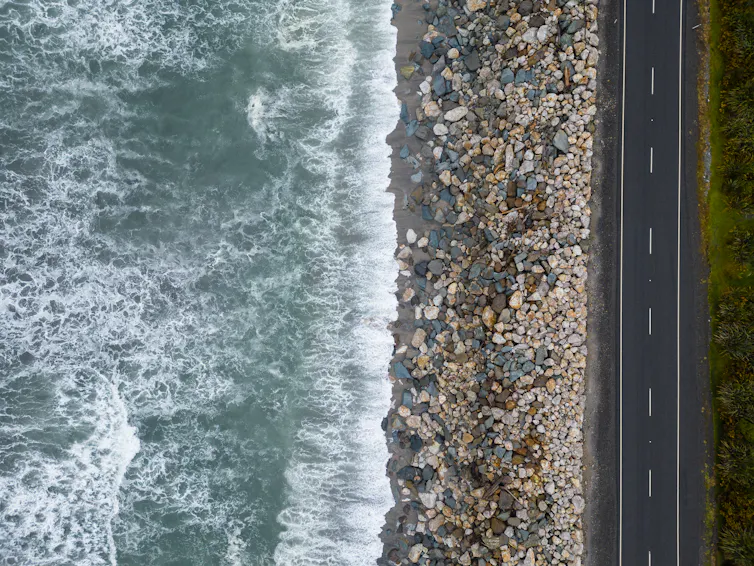 Aerial view of Bruce Bay beach and road between Haast and Fox glacier on the West Coast of New Zealand