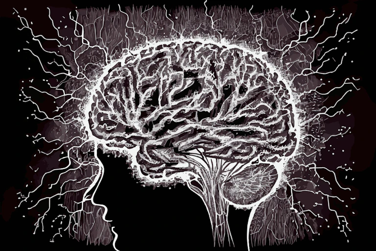 Black and white illustration of a brain inside a head, with sparks flying around it.