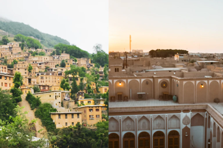 Two pictures of women looking over different landscapes in Iran.