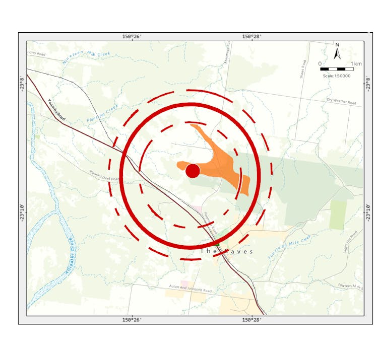 Map showing an orange area in a red circle.