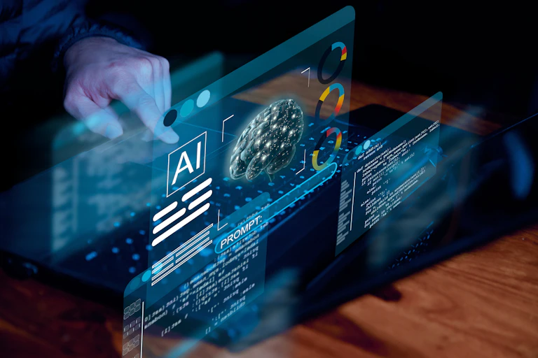 floating computer screens with AI in the centre and a graphic of a brain