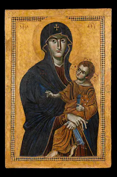 Icono de una Virgen con el niño Jesús en brazos.