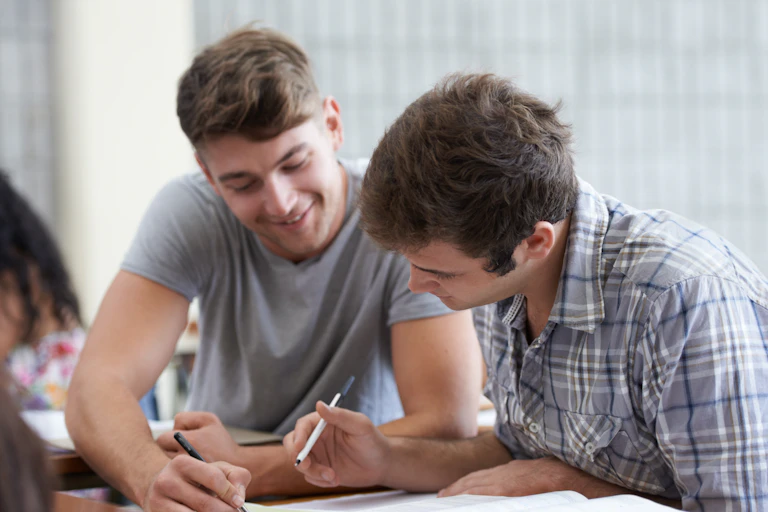 Two boys working together on school work