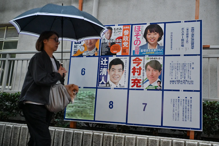 A woman with an umbrella walks past posters showing the face of election candidates.