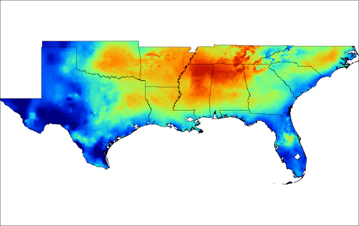 A map showing windiest events in the Southeast are over Alabama and Mississippi.