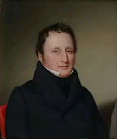 A painting of a brown-haired man wearing dark clothes with a high collar, sitting against a tan wall.