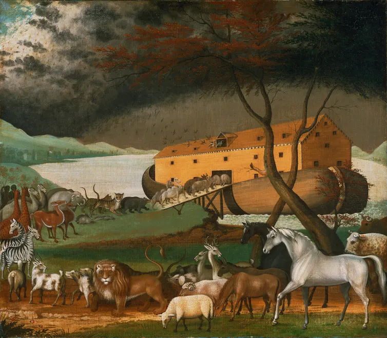 A painting of rows of animals lining up to board a massive wooden boat.