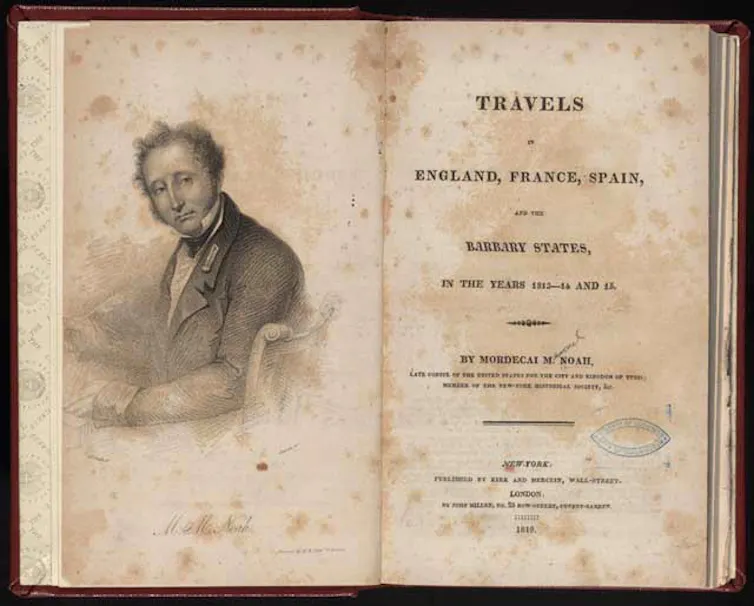 Two pages from a faded book, with a black and white sketch of a man in a jacket and bow tie on the left side.