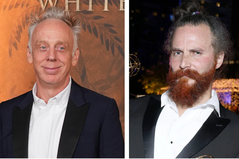 Two images side by side of men in white shirts and black jackets.