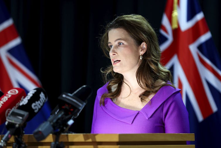 Nicola Willis speaking to the media in front of microphones.