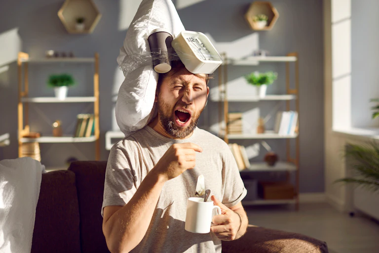 Young man with a pillow, coffee cup and alarm clock on his head sitting on the couch in the sun light, holding a cup and tea bag, drinking tea and yawning