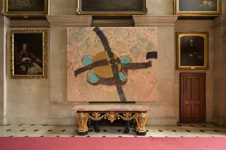 A painting of a table from above in a stately room.