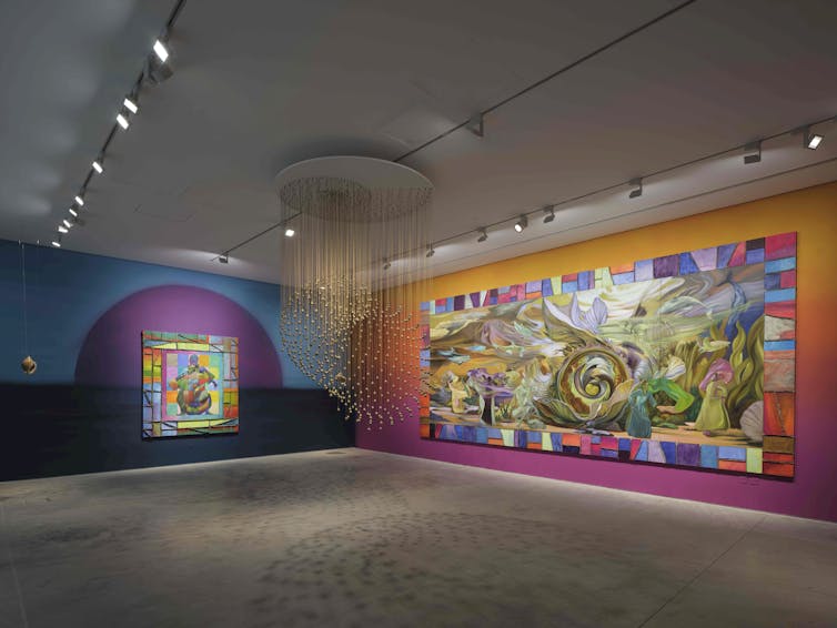 Mohammed Sami emerges as favorite in predictable Turner prize 2025 shortlist 4 A view of two paintings and a hanging installation of bells.