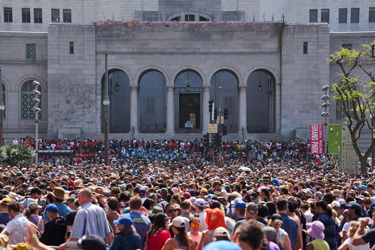 Crowds in front of an area in Grand Park, LA.