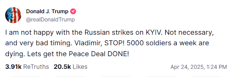 Screenshot of Donald Trump post on TruthSocial April 24 2025.