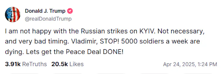 Screenshot of Donald Trump post on TruthSocial April 24 2025.