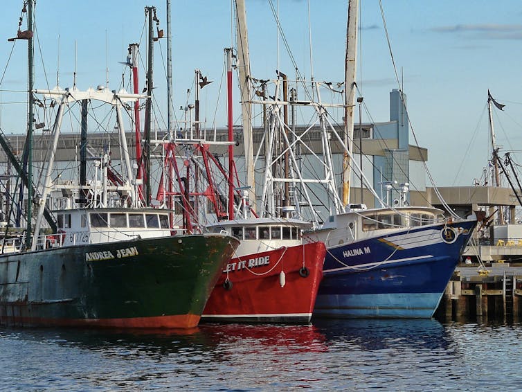 Three fishing vessels, side by side, in New Bedford Harbor