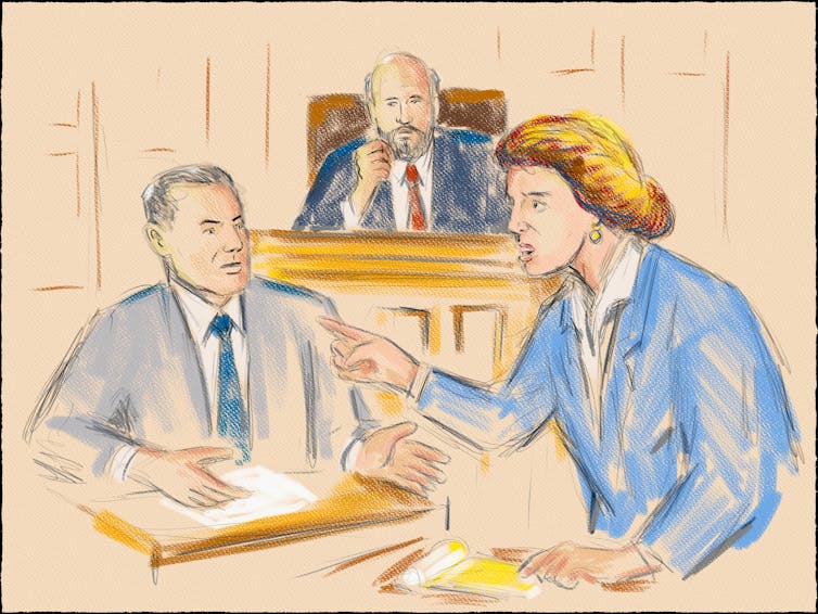 Sketch of lawyer in courtroom