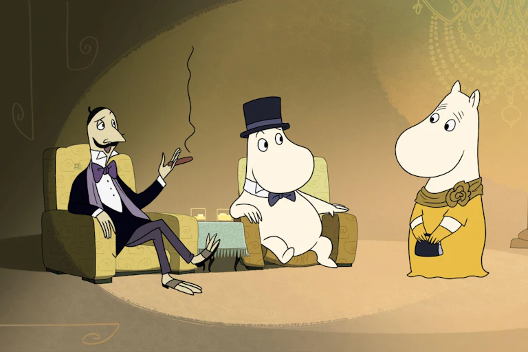 Moominmama, Moominpapa and a friend sitting on chairs. She holds her handbag.