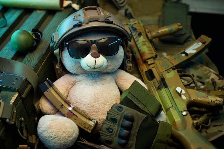 A teddy bear is seen in dark glasses and with toy guns.