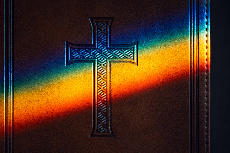 A cross imprinted on a book, with a rainbow-colored splash of light across it.