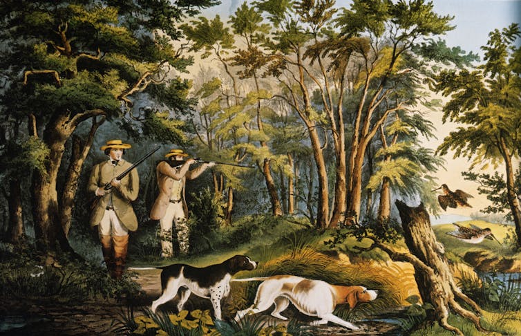 Two well-dressed hunters of the 19th century, with dogs.