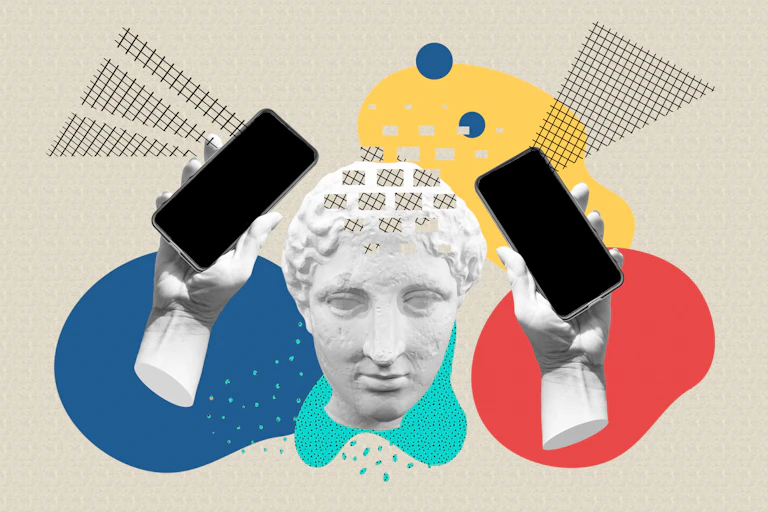 a graphic of two hands holding mobile phones on either side of a white bust
