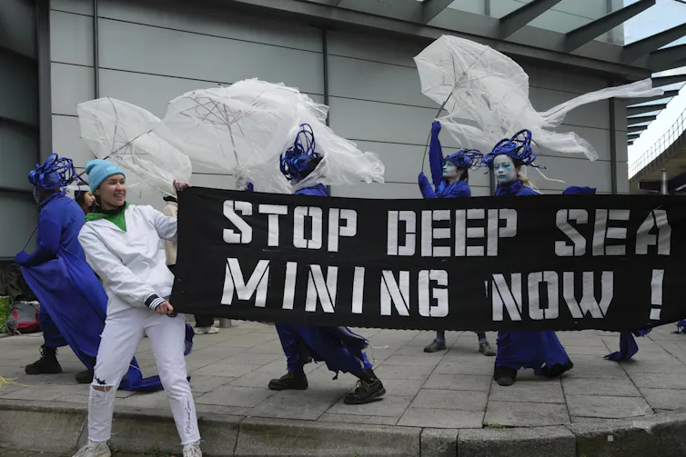 protesters dressed as jellyfish hold up a sign reading