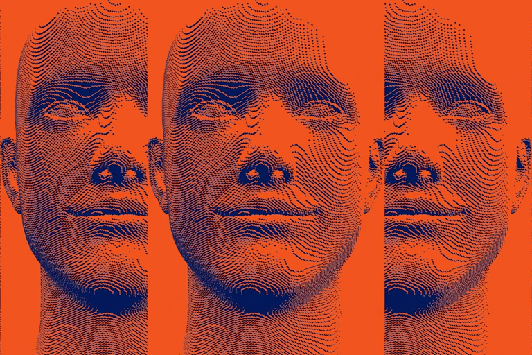 a row of identical faces against an orange background.