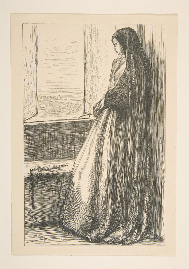 Drawing, a nun looks out a window